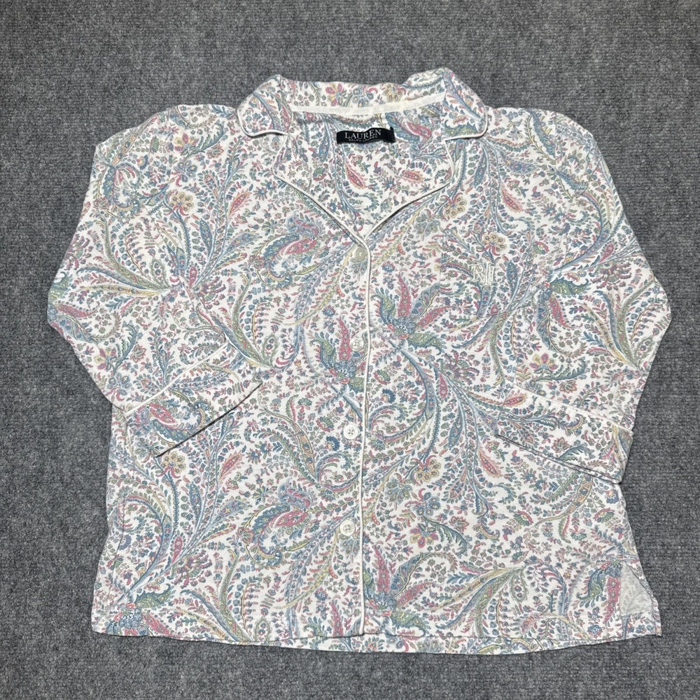 Lauren Ralph Lauren Black Label Green Paisley Floral Button Lounge Top Size S